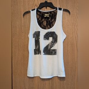 White Tank Top with Black Lace and Number Print
